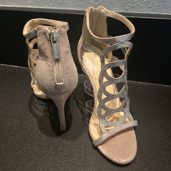 SALE STUNNING JESSICA SIMPSON Elegant Women's Strappy Heels - Silver Tan Jewels - Picture 8 of 9